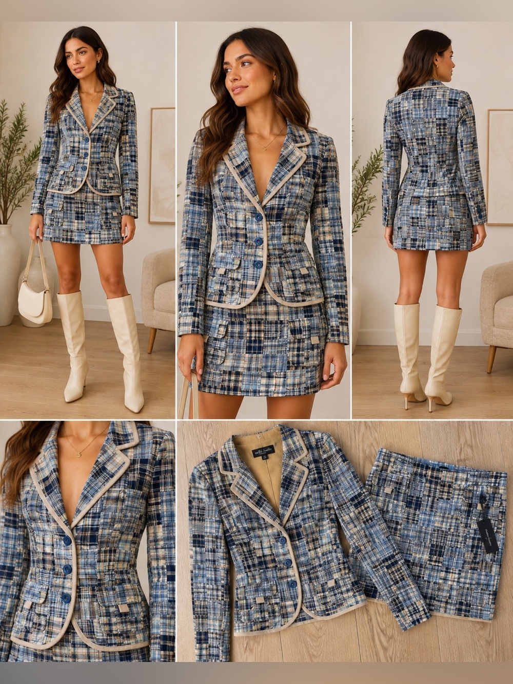 Willi Smith Patchwork Plaid 2 Piece Skirt Jacket Set 8/10 NWT